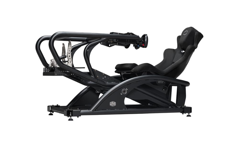 cooler master dyn x cockpit with simucube wheelbase, pedals and cube controls wheel