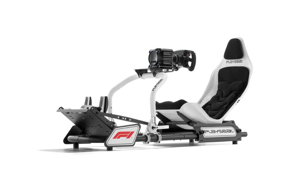 playseat formula instinct racing simulator with fanatec wheelbase and pedals installed