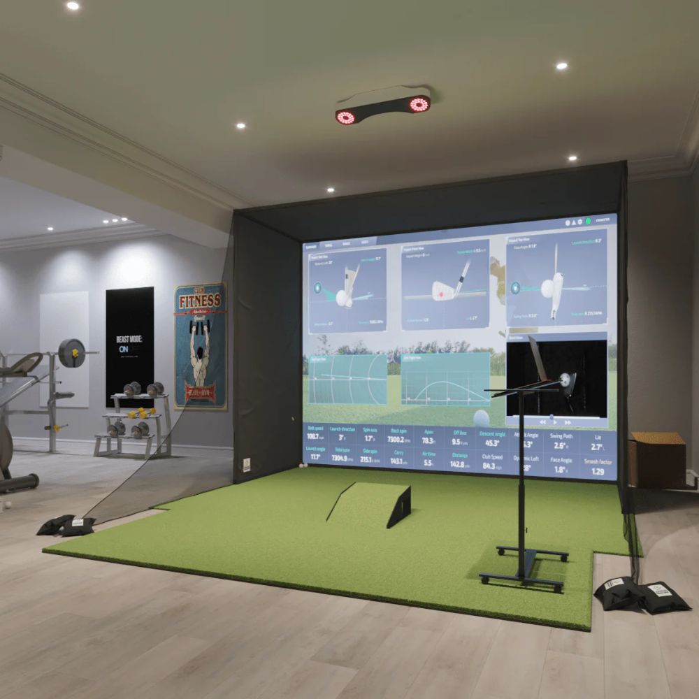 Protee golf simulator package with protee vx launch monitor, golf enclosure, mats and laptop