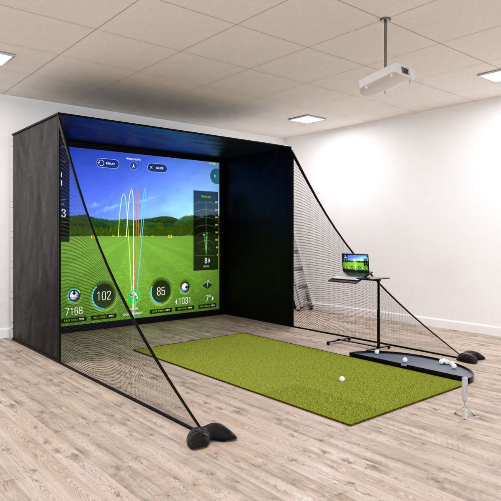 image of Rapsodo mlm2pro golf simulator package with enclosure, launch monitor, projector and mats