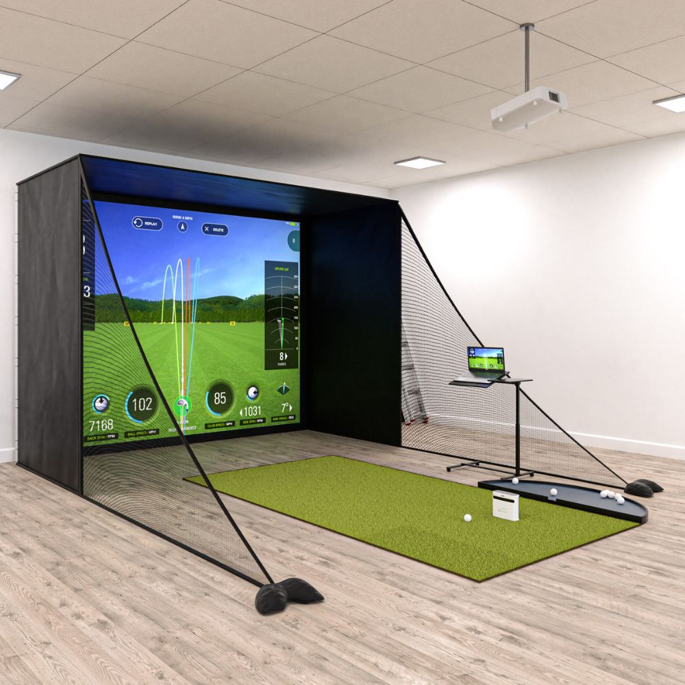 image of SkyTrak+ golf simulator package with enclosure, launch monitor, projector and mats