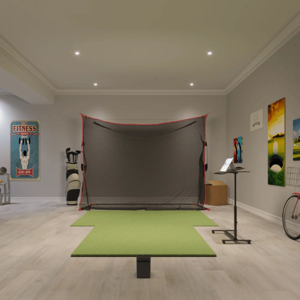 image of Swing Caddie golf simulator package with enclosure, launch monitor, projector and mats