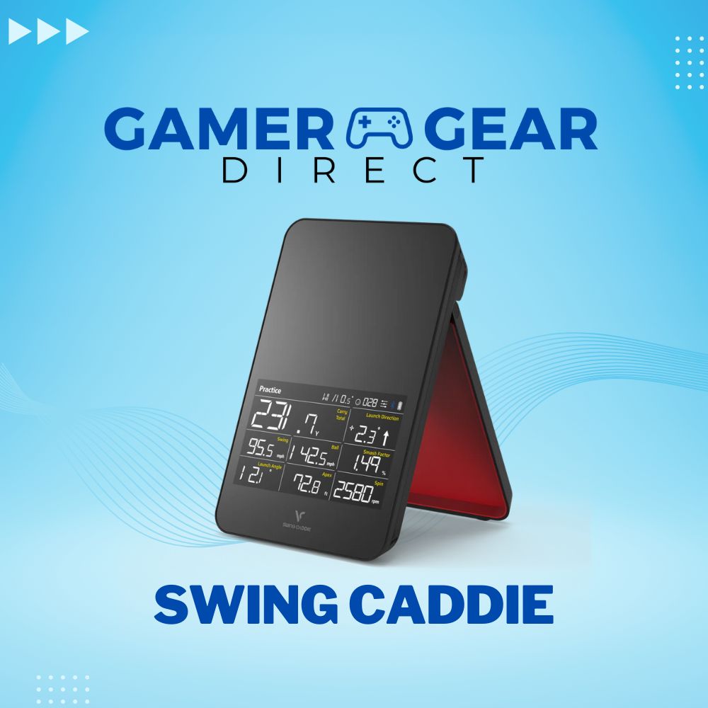 swing_caddie_golf_simulators_collection imag with gamer gear direct logo on blue background and images of swing caddie sc4 launch monitor
